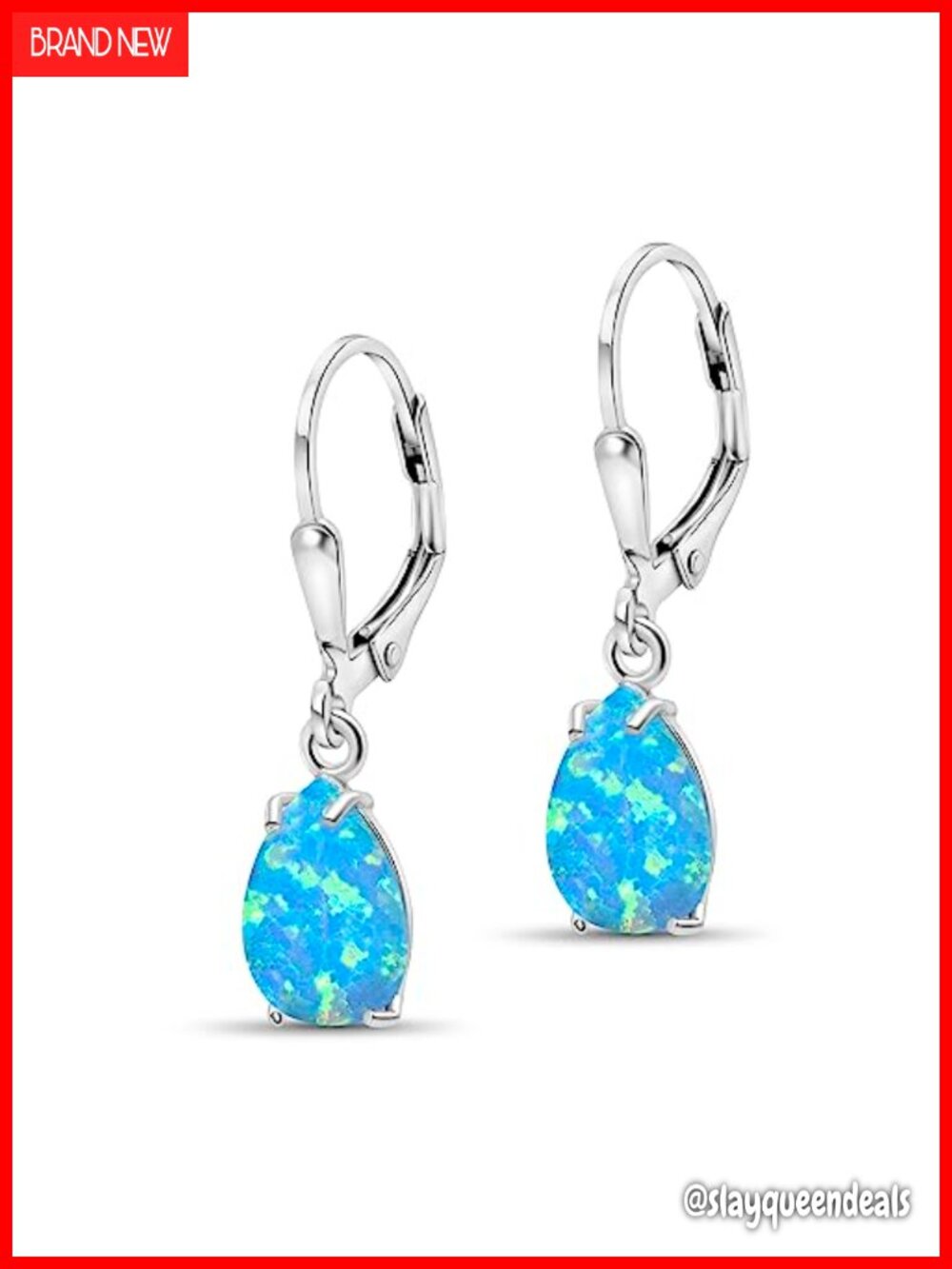 925 Sterling Silver Blue Opal Teardrop Dangle Earrings Lever Back